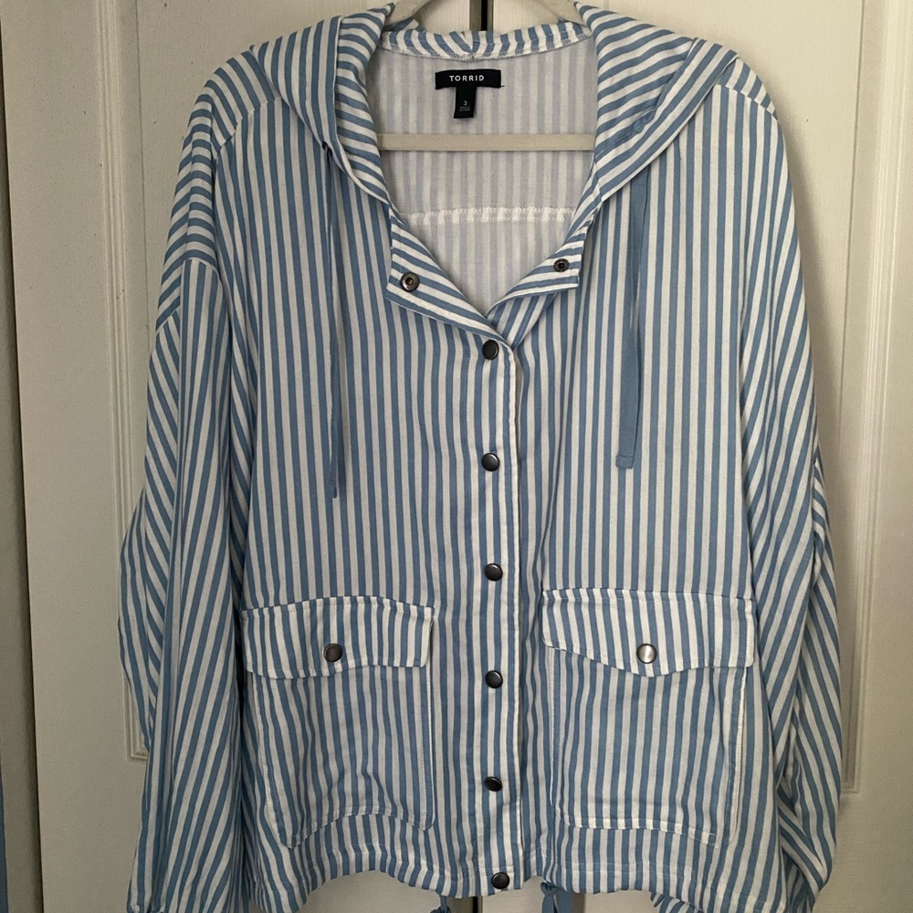 Torrid Light Blue and White Striped Utility Jacket